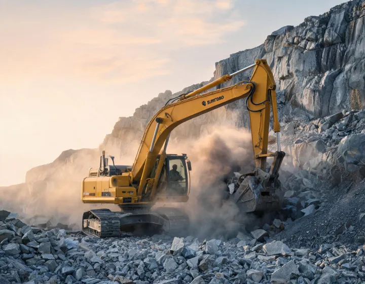 Sumitomo crawler excavator digging at quarry face