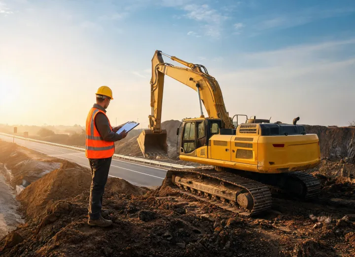 Site supervisor reviewing excavator service plan beside crawler excavator