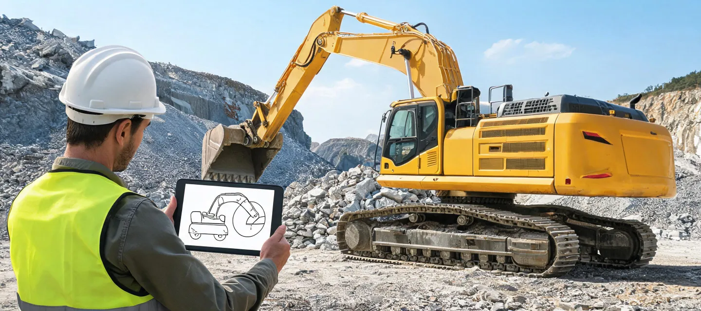 Engineer reviewing excavator working range chart on tablet at dig site